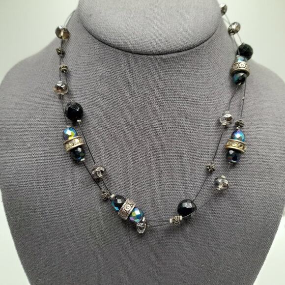 Chico's Black Wire Two Strand Bead Rhinestone Necklace, AB Beads, 19 Inches - Picture 2 of 10